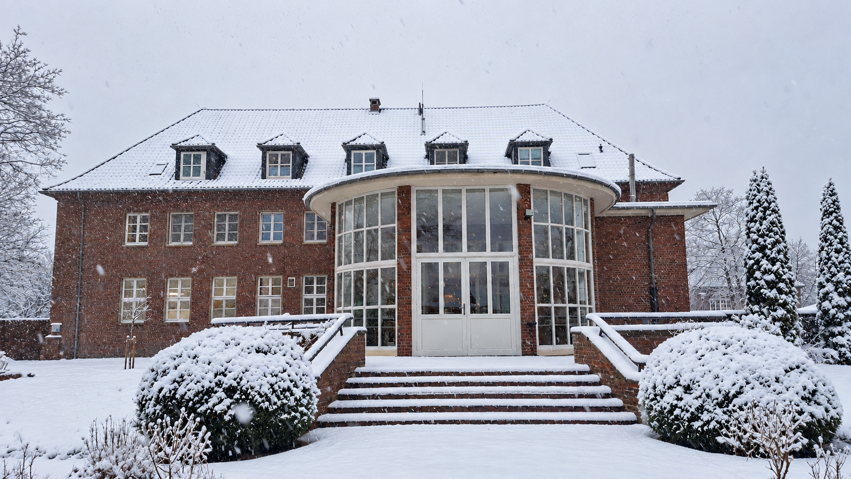 Rotes Backsteingebäude mit schneebedecktem Dach und Eingangsbereich. Auch die Bäume, Sträucher und Wege rund um das Gebäude sind mit Schnee bedeckt.